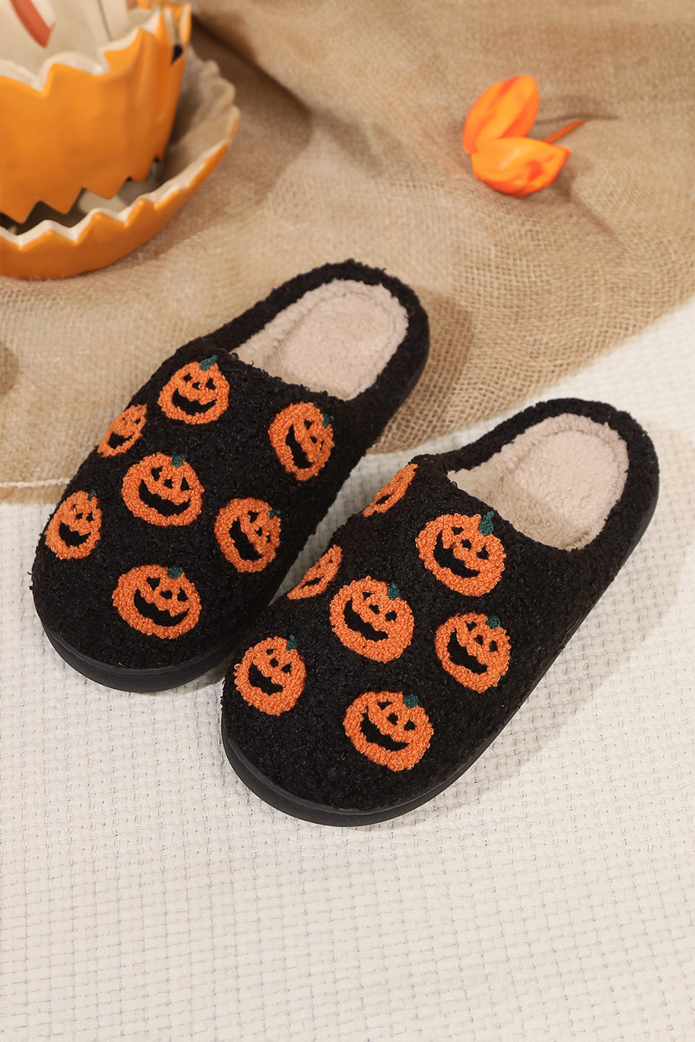 Black Halloween Pumpkin Plush Home Slippers Slippers JT's Designer Fashion