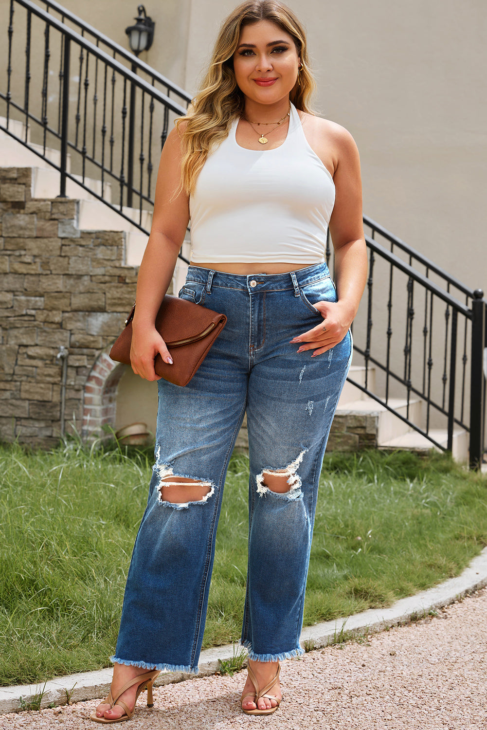 Blue Plus Size Open Knee Distressed Jeans Plus Size Bottoms JT's Designer Fashion