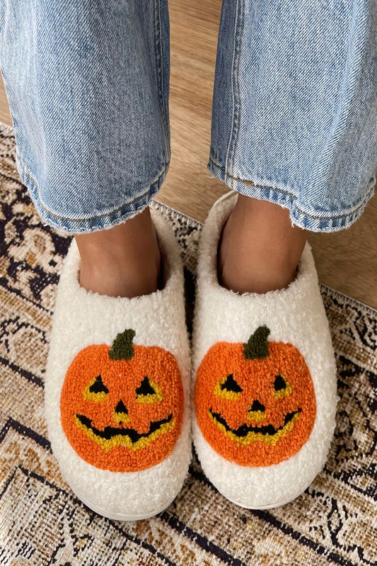 White Halloween Pumpkin Print Plush Slippers Slippers JT's Designer Fashion