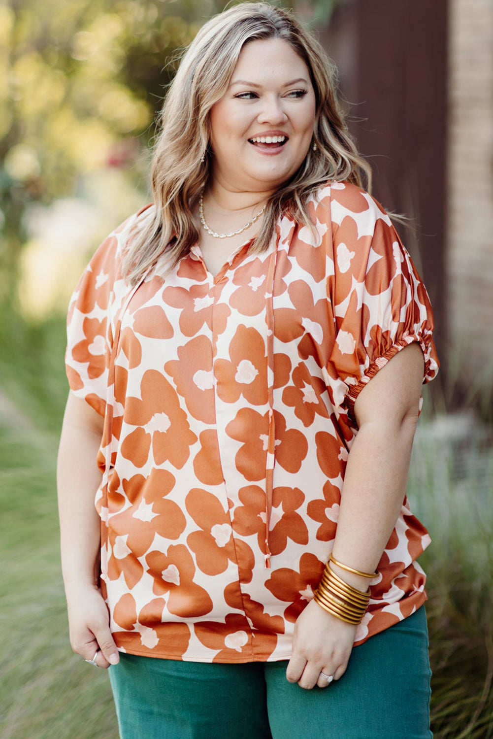 Orange Plus Size Floral Print Drawstring V Neck Short Sleeve Blouse Plus Size JT's Designer Fashion