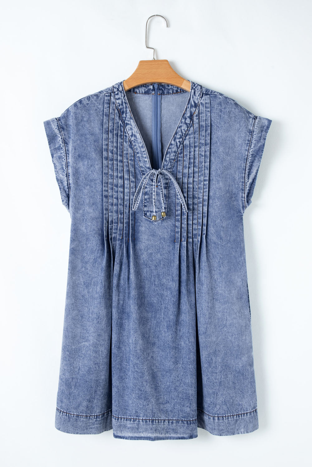 Beau Blue Tie V Neck Tucking Detail Short Sleeve Denim Shift Dress Mini Dresses JT's Designer Fashion