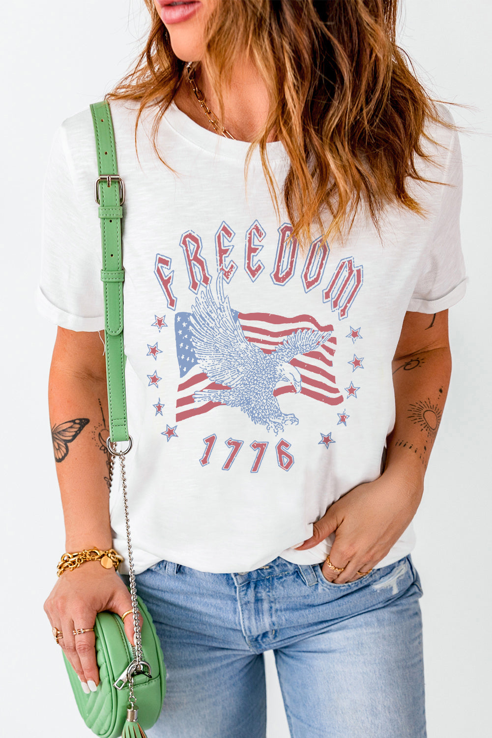 White FREEDOM Eagle Flag Print 1776 Graphic Tee Graphic Tees JT's Designer Fashion