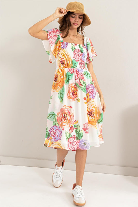 HYFVE Floral Flutter Sleeve Smocked Dress Multi Midi Dresses JT's Designer Fashion