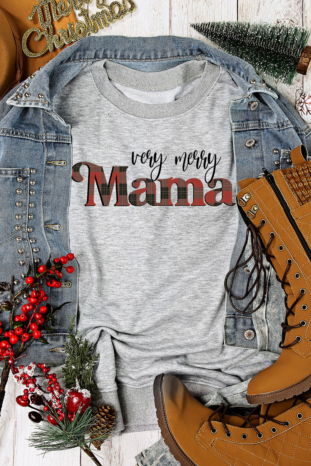 Gray Very Merry Mama Christmas Fashion Sweatshirt Graphic Sweatshirts JT's Designer Fashion