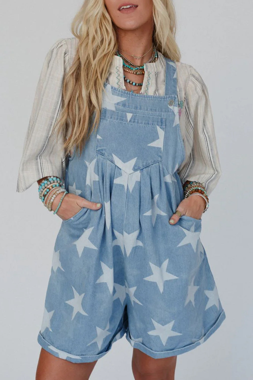 Light Blue Star Printed Buttoned Straps Pocketed Denim Romper Jumpsuits & Rompers JT's Designer Fashion