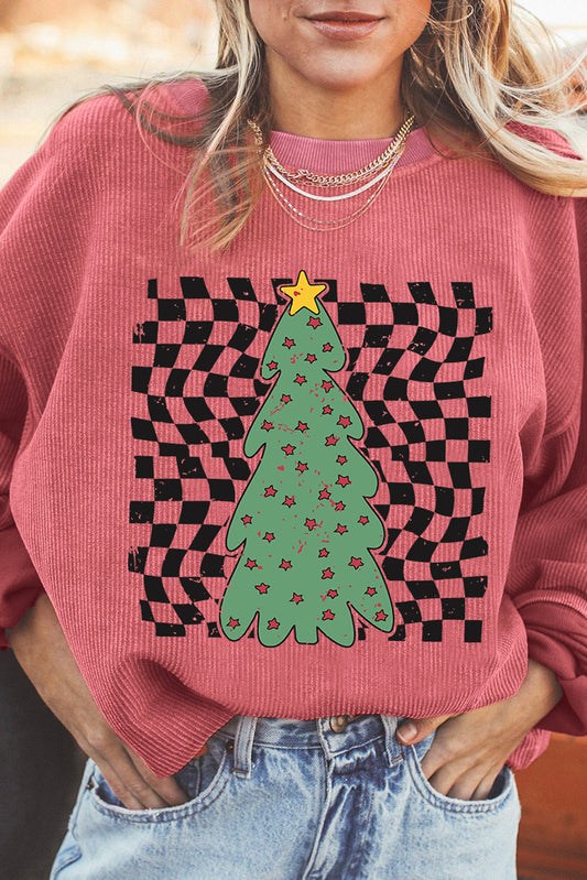 Strawberry Pink Vintage Christmas Tree Checkered Print Corded Sweatshirt Strawberry Pink 100%Polyester Graphic Sweatshirts JT's Designer Fashion