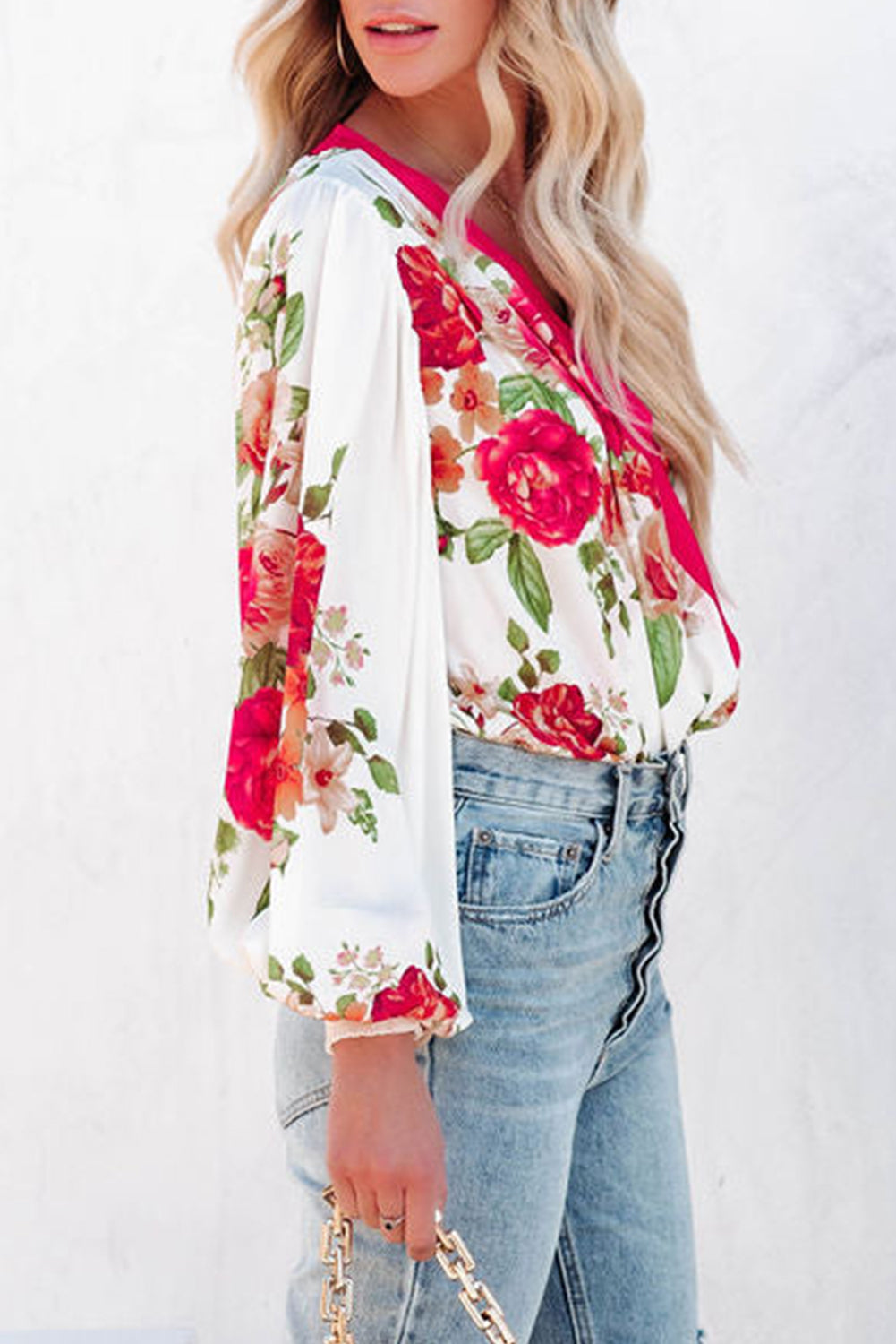 Rose Floral Print V Neck Wrap Bodysuit Bodysuits JT's Designer Fashion