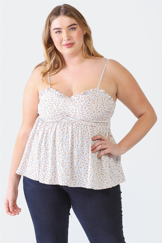 Zenobia Plus Size Frill Smocked Floral Sweetheart Neck Cami Off-White JT's Designer Fashion