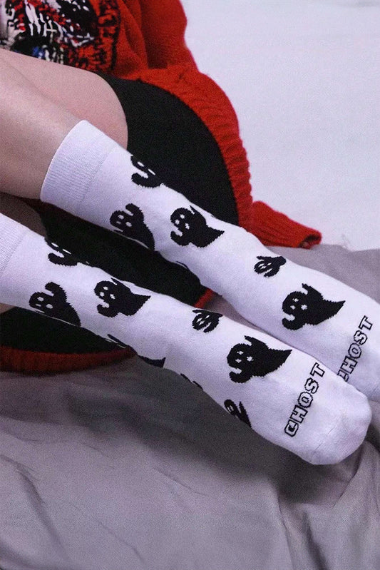 White Ghost Printed Halloween Cotton Mid calf Socks Socks JT's Designer Fashion
