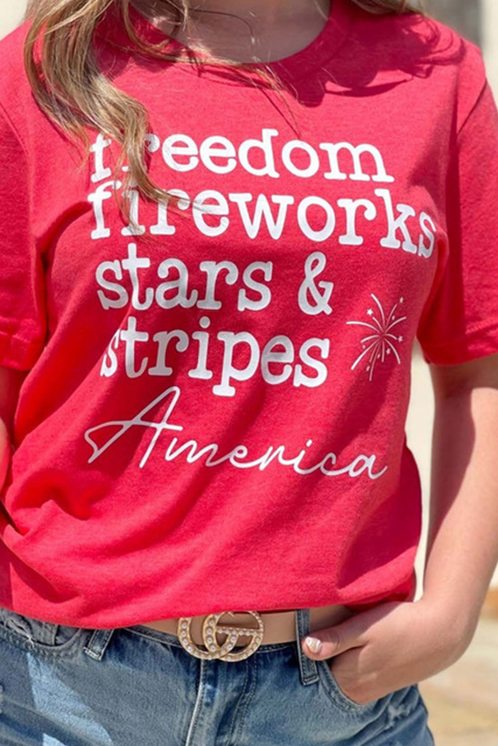 Fiery Red American Freedom Day Slogan Print T Shirt Graphic Tees JT's Designer Fashion