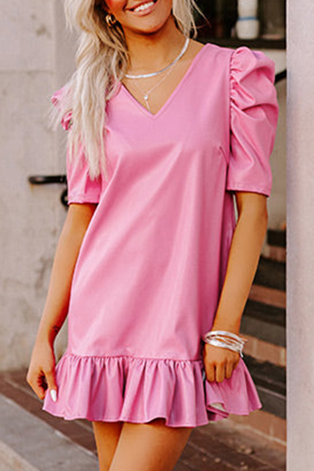 Sachet Pink Pleather Bubble Short Sleeve V Neck Ruffled Hem Mini Dress Mini Dresses JT's Designer Fashion