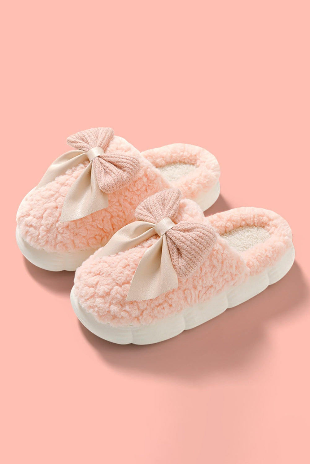 Pink Contrast Bowknot Applique Plush Winter Slippers Slippers JT's Designer Fashion