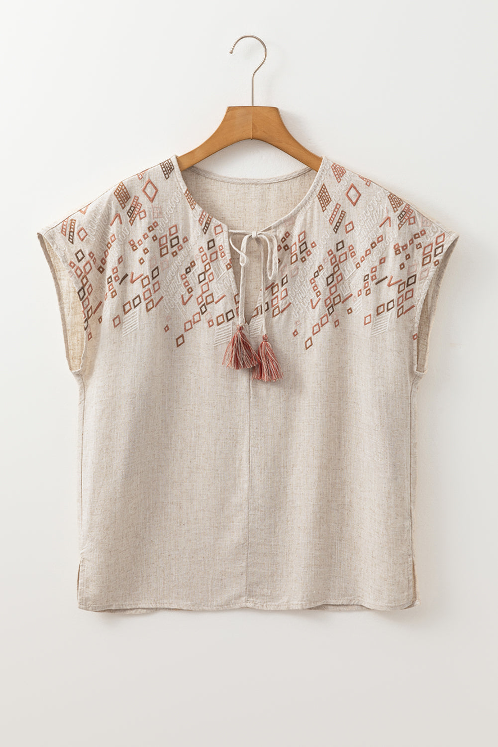 Jet Stream Geometric Embroidered Short Sleeve Tassel Tied V Neck Blouse Blouses & Shirts JT's Designer Fashion