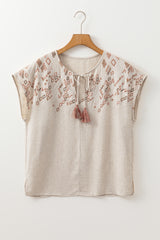 Jet Stream Geometric Embroidered Short Sleeve Tassel Tied V Neck Blouse Blouses & Shirts JT's Designer Fashion