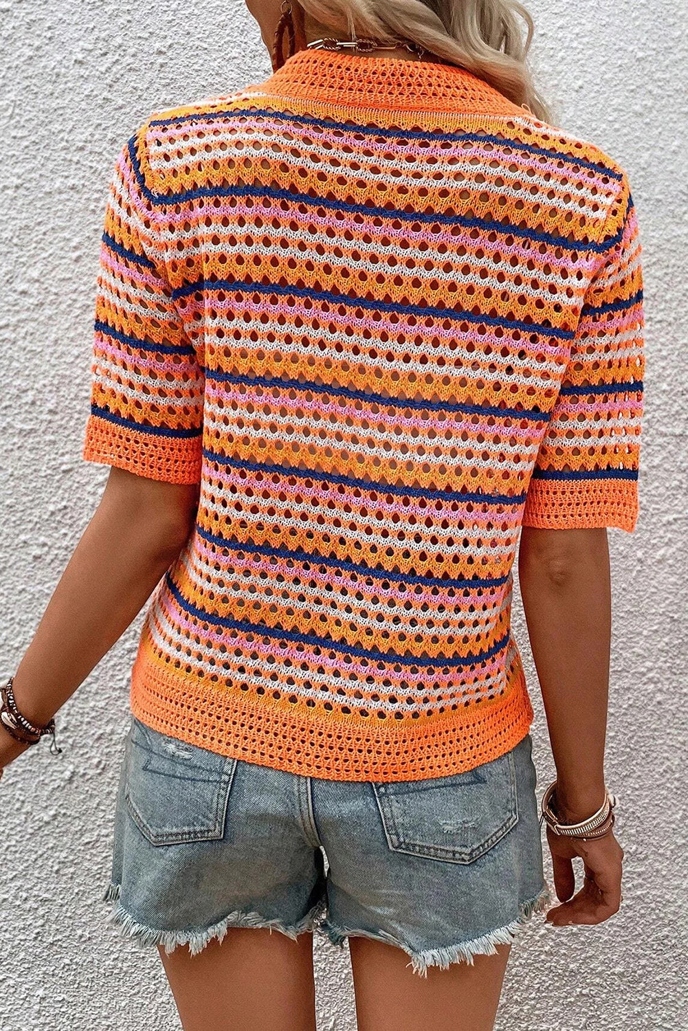 Russet Orange Striped Pattern Contrast Trim Pointelle Knit T Shirt Pre Order Sweaters & Cardigans JT's Designer Fashion