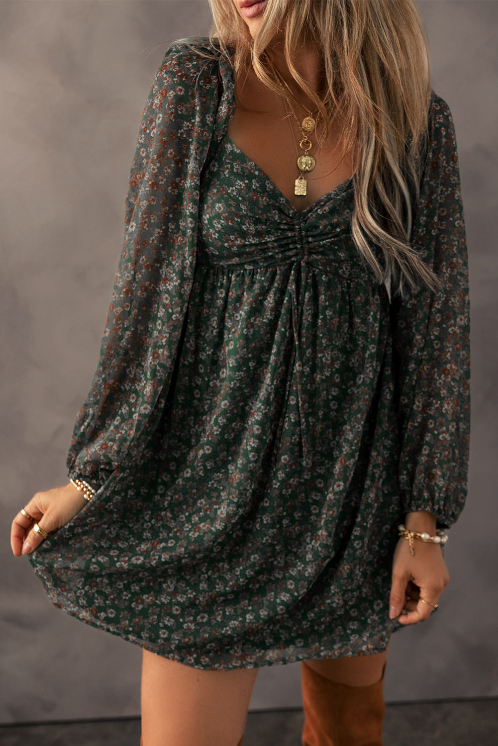 Green Floral Print Sweetheart Neck Shirred Back Mini Dress Floral Dresses JT's Designer Fashion