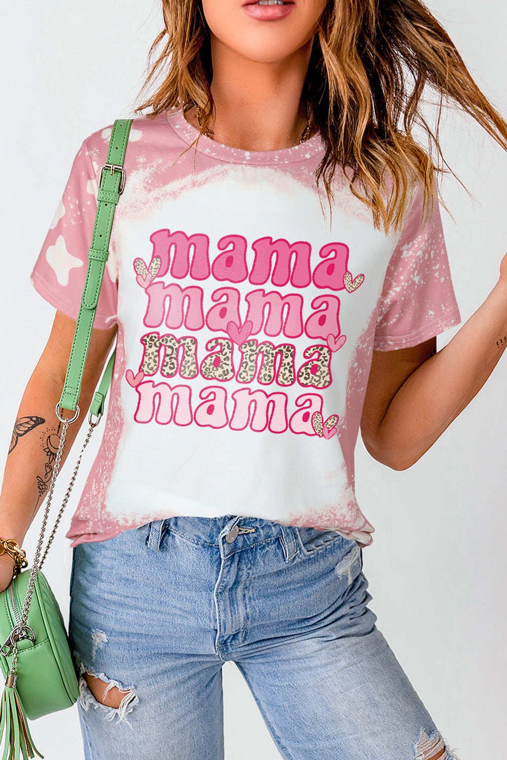 Pink Mama Leopard Heart Bleached Graphic T Shirt Graphic Tees JT's Designer Fashion