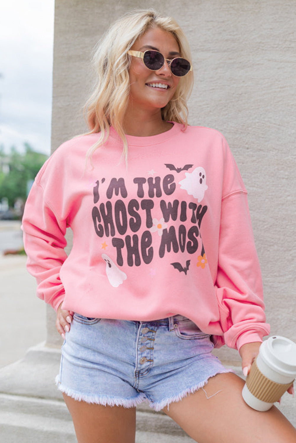 Pink Halloween Slogan Ghost Bat Graphic Drop Shoulder Sweatshirt Graphic Sweatshirts JT's Designer Fashion