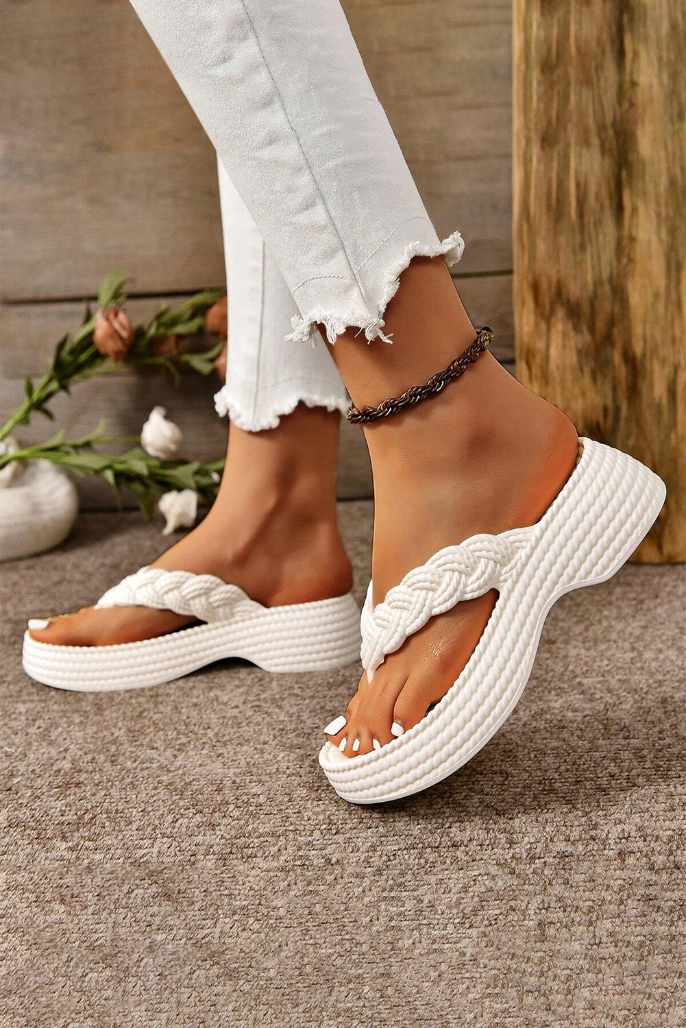 White Braided Pattern Thick Sole Flip Flop Slippers JT's Designer Fashion