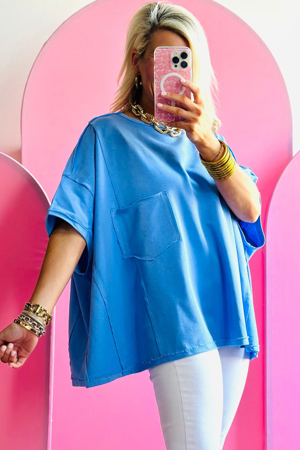 Blue Patched Pocket Exposed Seam Oversize T-shirt Tops & Tees JT's Designer Fashion