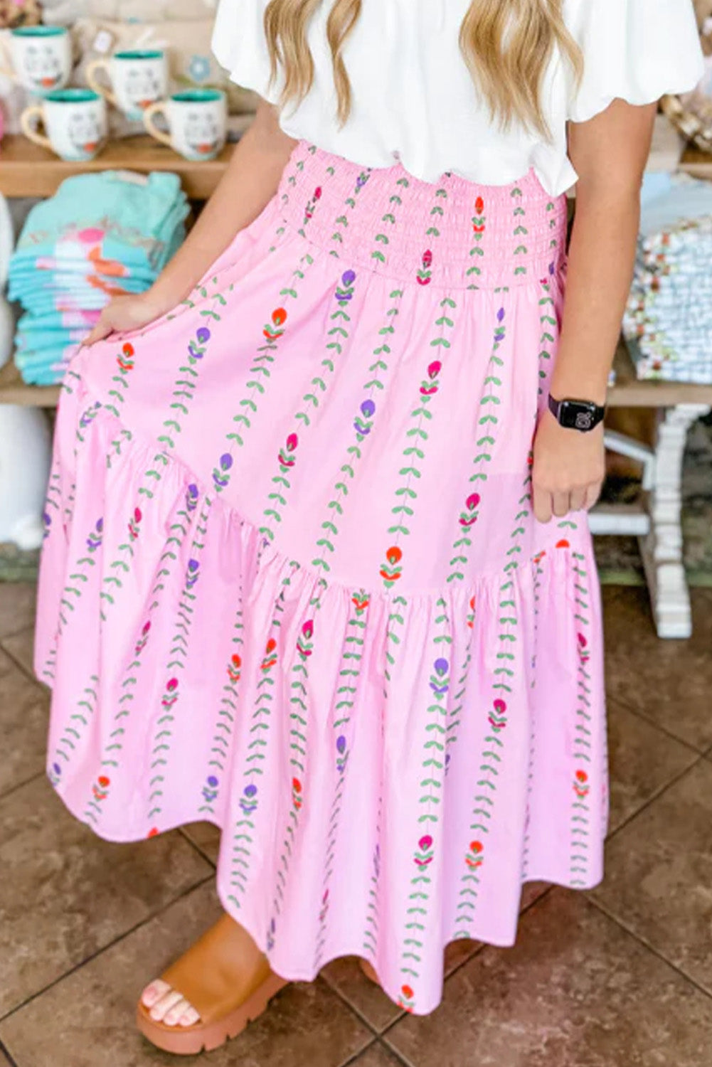 Pink Printed Smocked Tiered Maxi Skirt Pink Bottoms JT's Designer Fashion