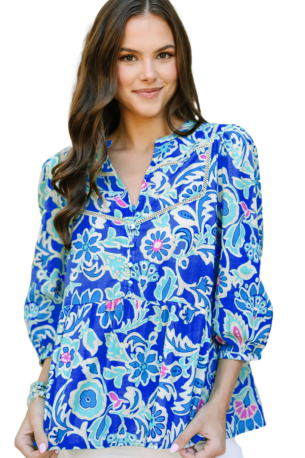 Blue Mix Floral Printed Lace Detail Bracelet Sleeve Blouse Blouses & Shirts JT's Designer Fashion