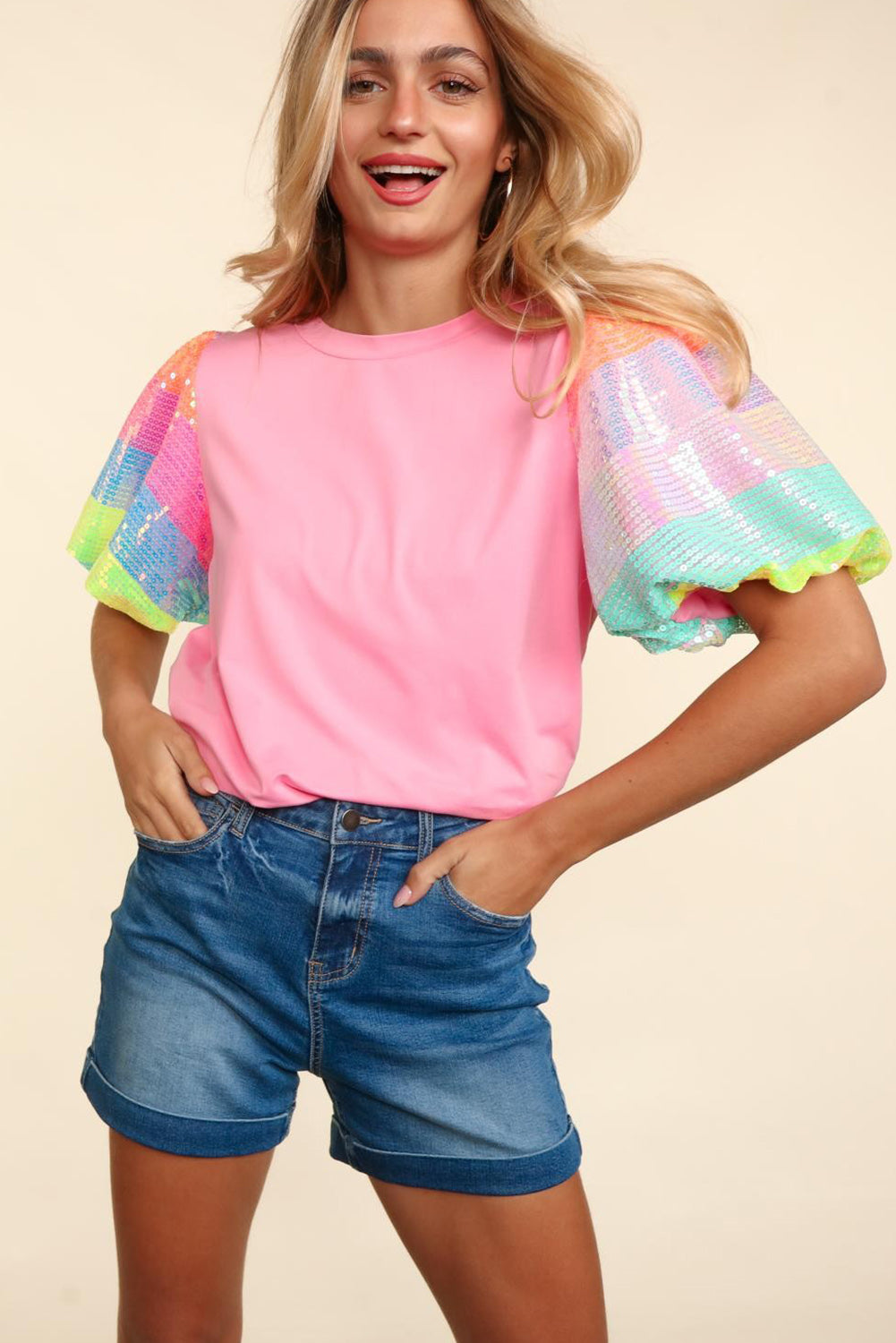 Pink Sequin Colorblock Striped Puff Sleeve Top Tops & Tees JT's Designer Fashion