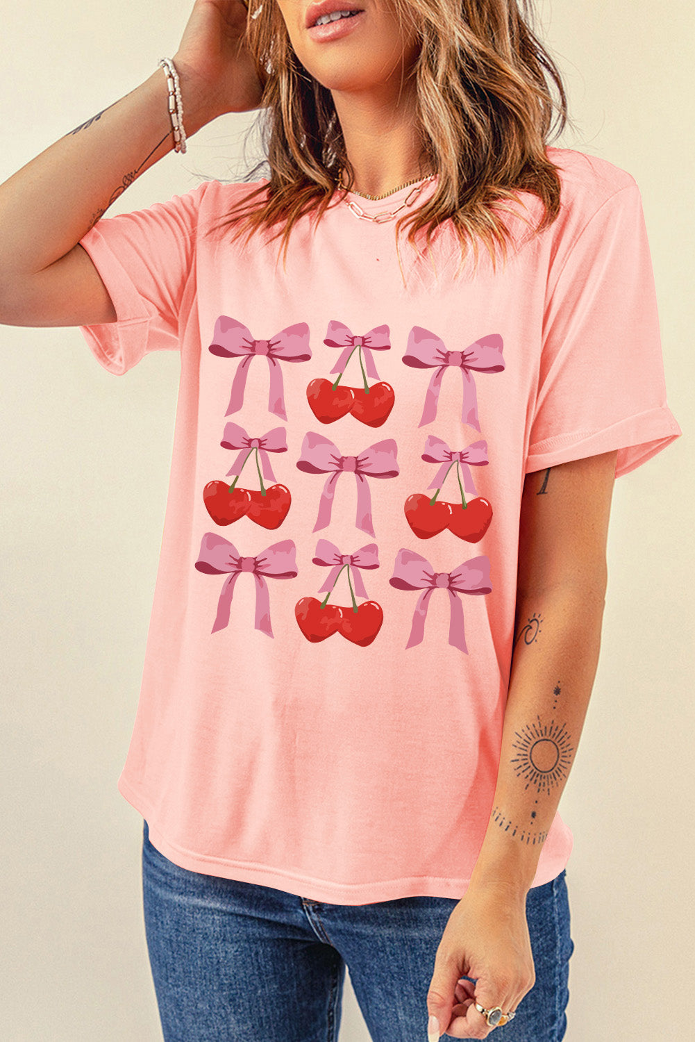 Pink Bow Cherry Print Crew Neck Casual T Shirt Graphic Tees JT's Designer Fashion