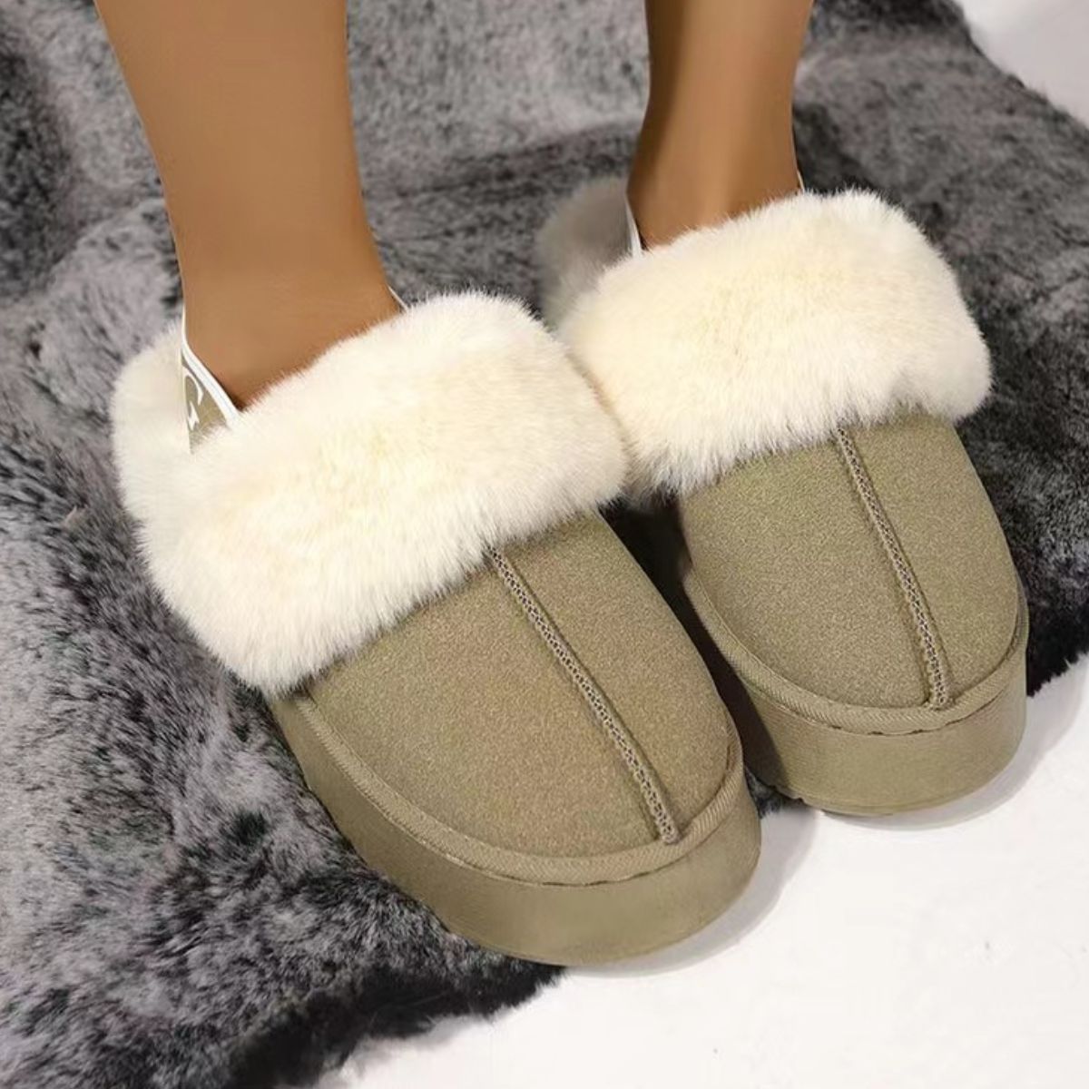 Plush Platform Slippers with Letter Strap Khaki Shoes JT's Designer Fashion