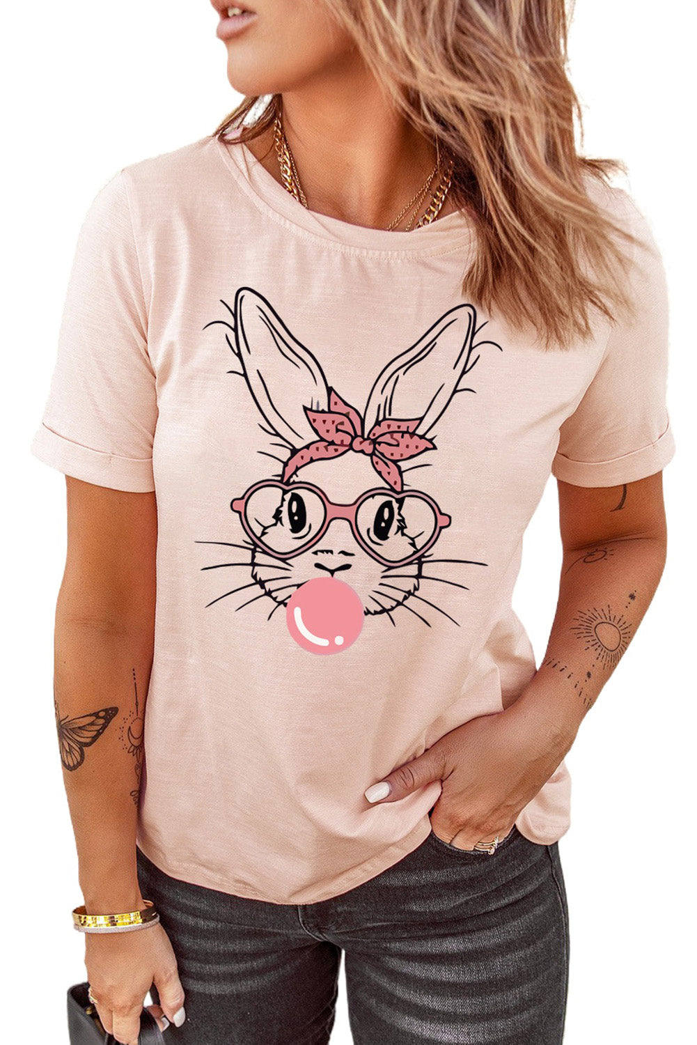 Pink Bubblegum Bunny Graphic Print Easter Fashion Tee Graphic Tees JT's Designer Fashion