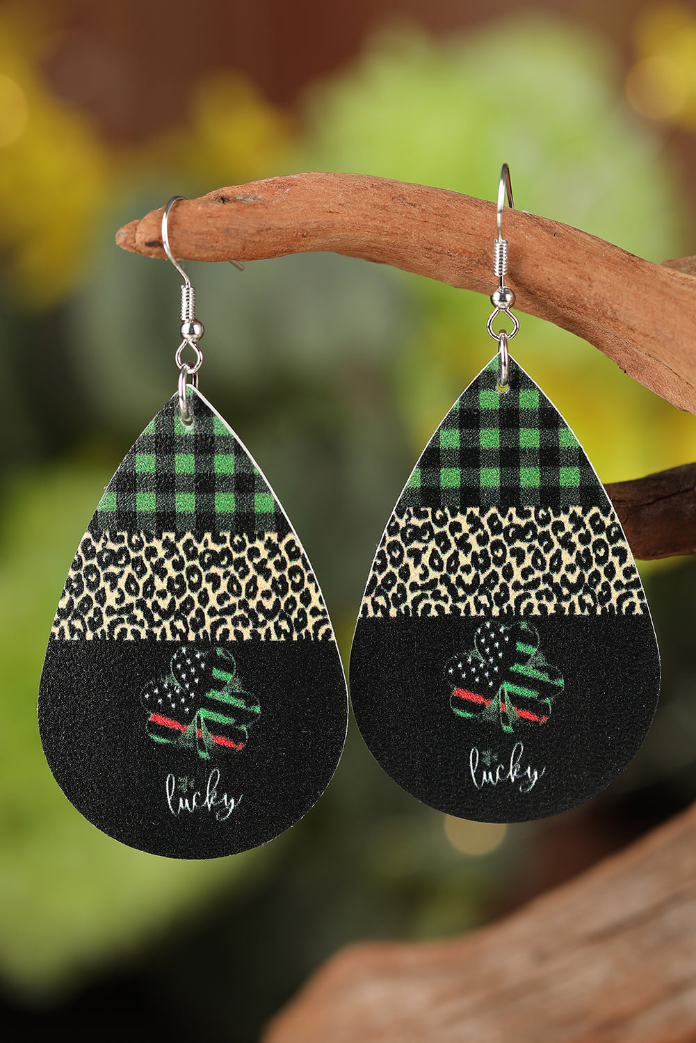 Black Plaid Leopard Lucky Clover Print Earrings Jewelry JT's Designer Fashion