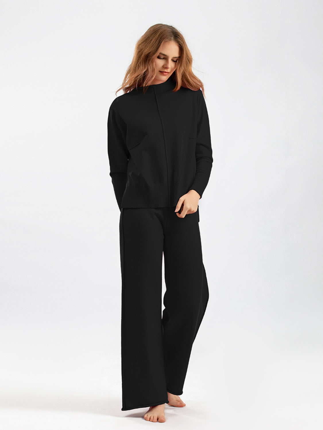 Mock Neck Long Sleeve Top and Pants Sweater Set Black One Size Pant Sets JT's Designer Fashion