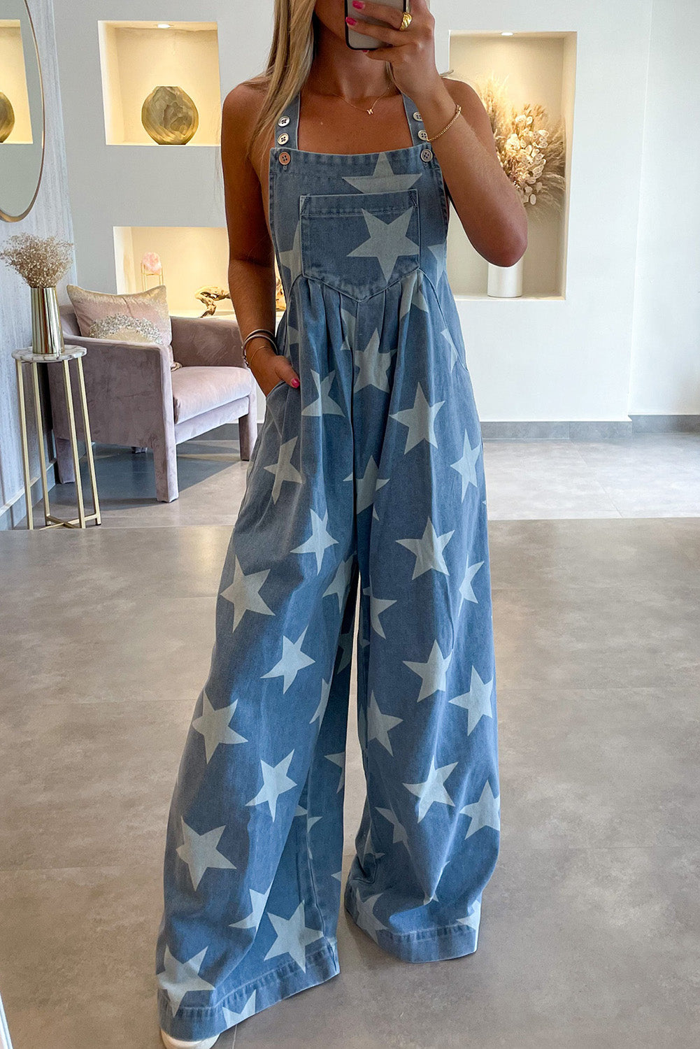 White Star Print Buttoned Strap Pleat Wide Leg Denim Overall Jumpsuits & Rompers JT's Designer Fashion