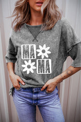 Philippine Gray MAMA Daisy Flower Graphic Mineral Wash Drop Shoulder Vintage Tee Graphic Tees JT's Designer Fashion