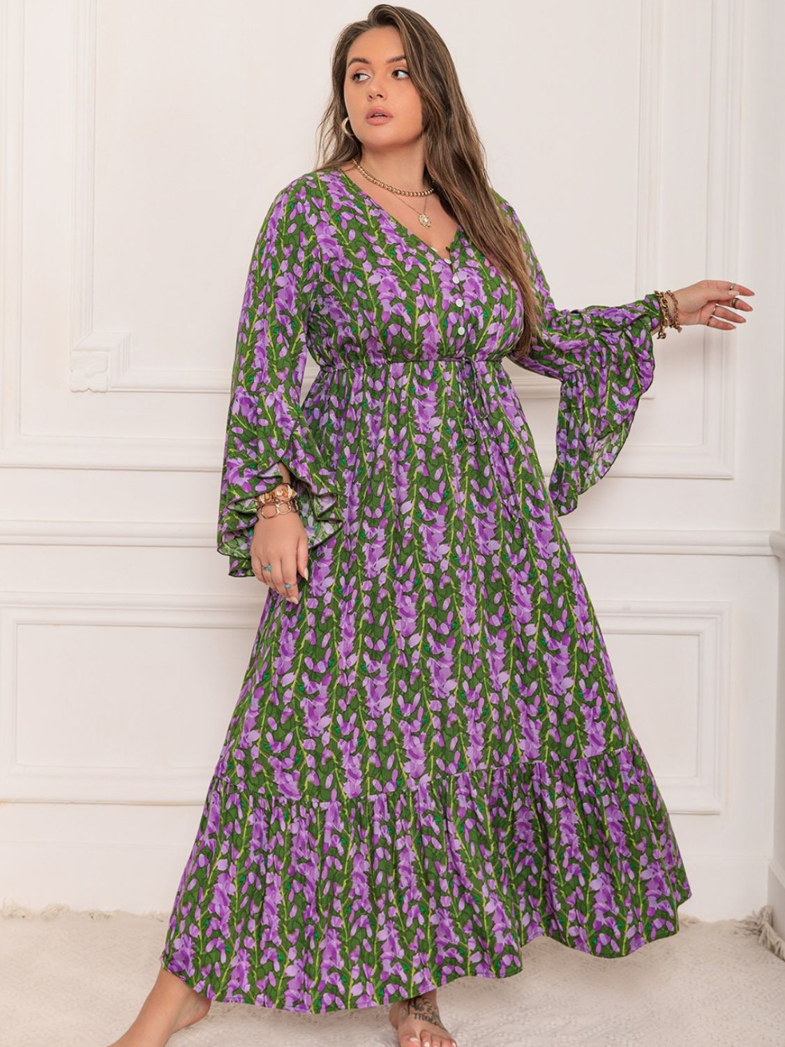 Plus Size Printed V-Neck Long Sleeve Maxi Dress Maxi Dresses JT's Designer Fashion