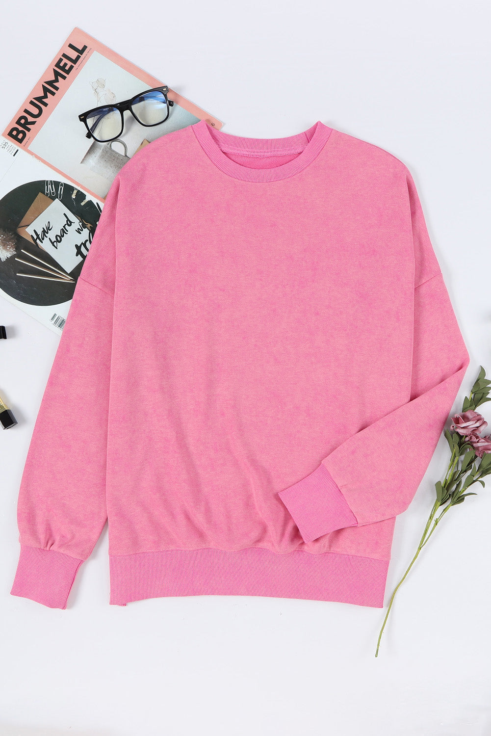 Pink Drop Shoulder Ribbed Trim Oversized Sweatshirt Sweatshirts & Hoodies JT's Designer Fashion