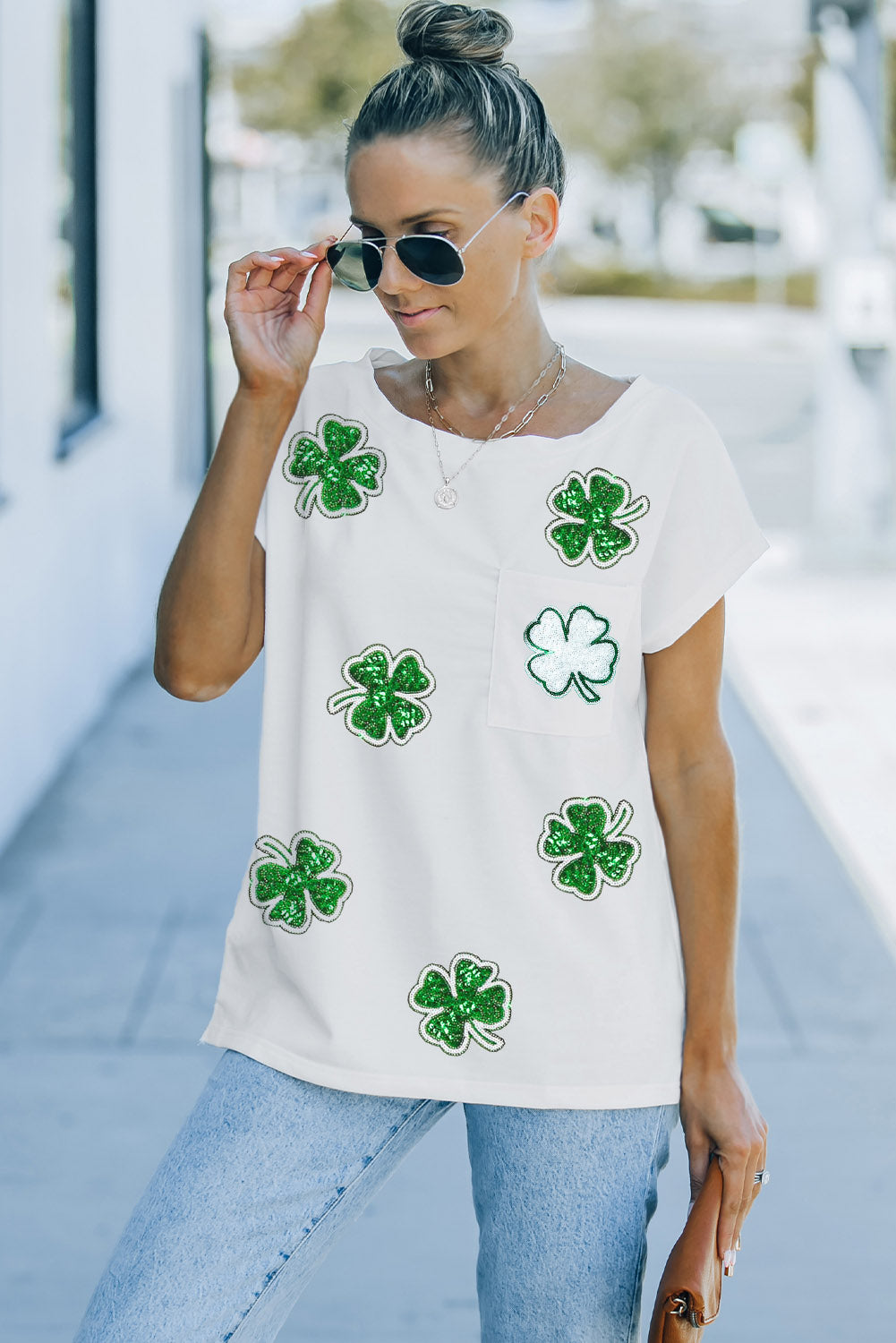 white Sequin St Patrick Clover Patch Pocket Loose Tee Graphic Tees JT's Designer Fashion