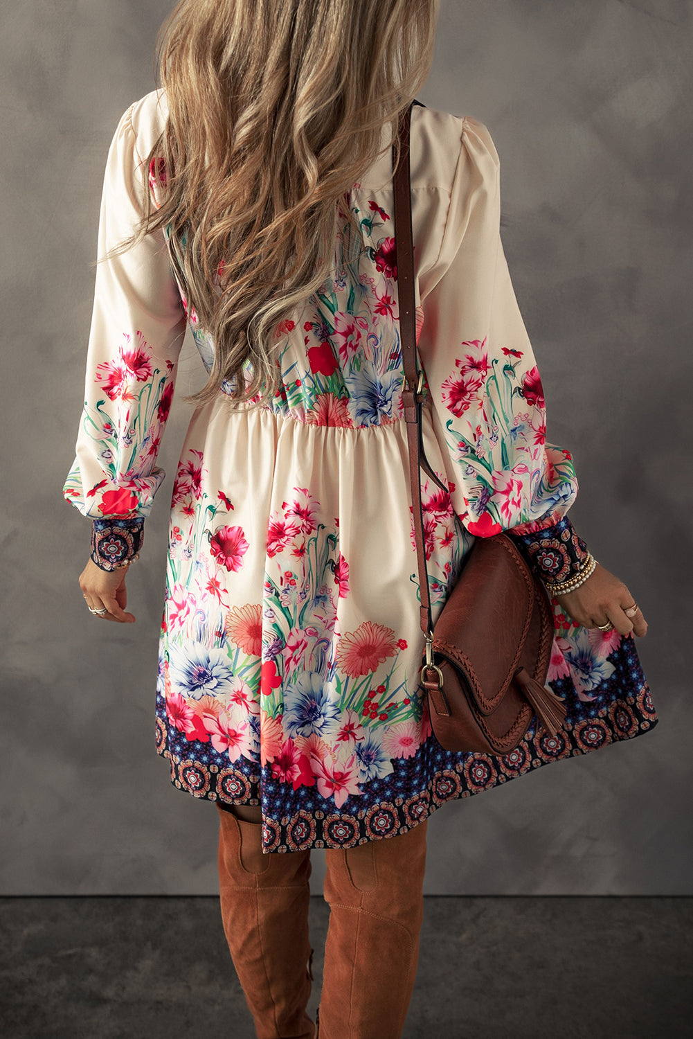 Apricot Floral Print Buttoned High Waist Shirt Mini Dress Mini Dresses JT's Designer Fashion