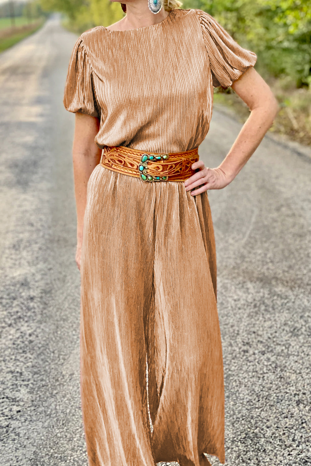 Clay Pleated Bubble Sleeve Top and Wide Leg Pants Set Pant Sets JT's Designer Fashion