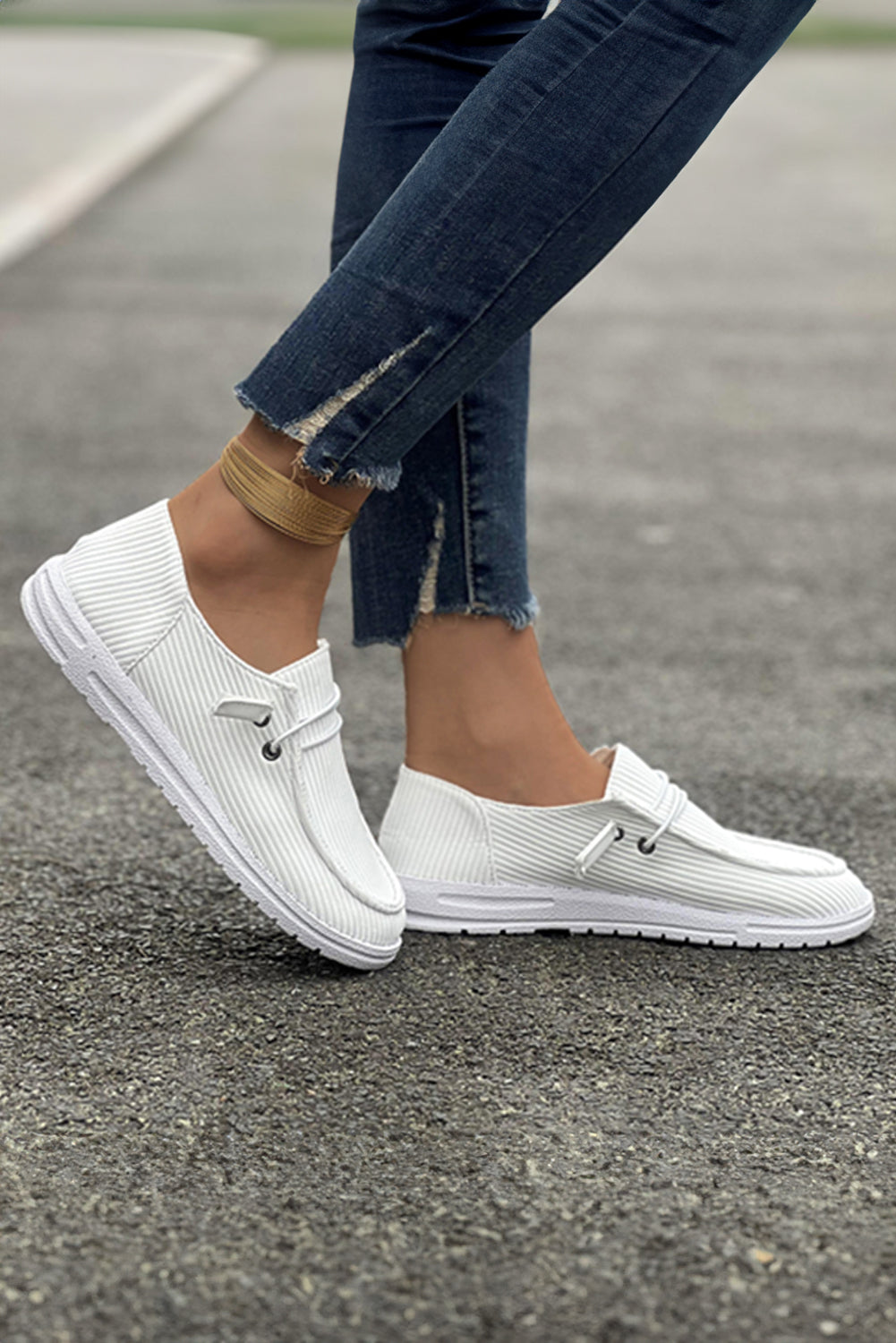 White Ribbed Lace-up Decor Slip On Shoes Women's Shoes JT's Designer Fashion