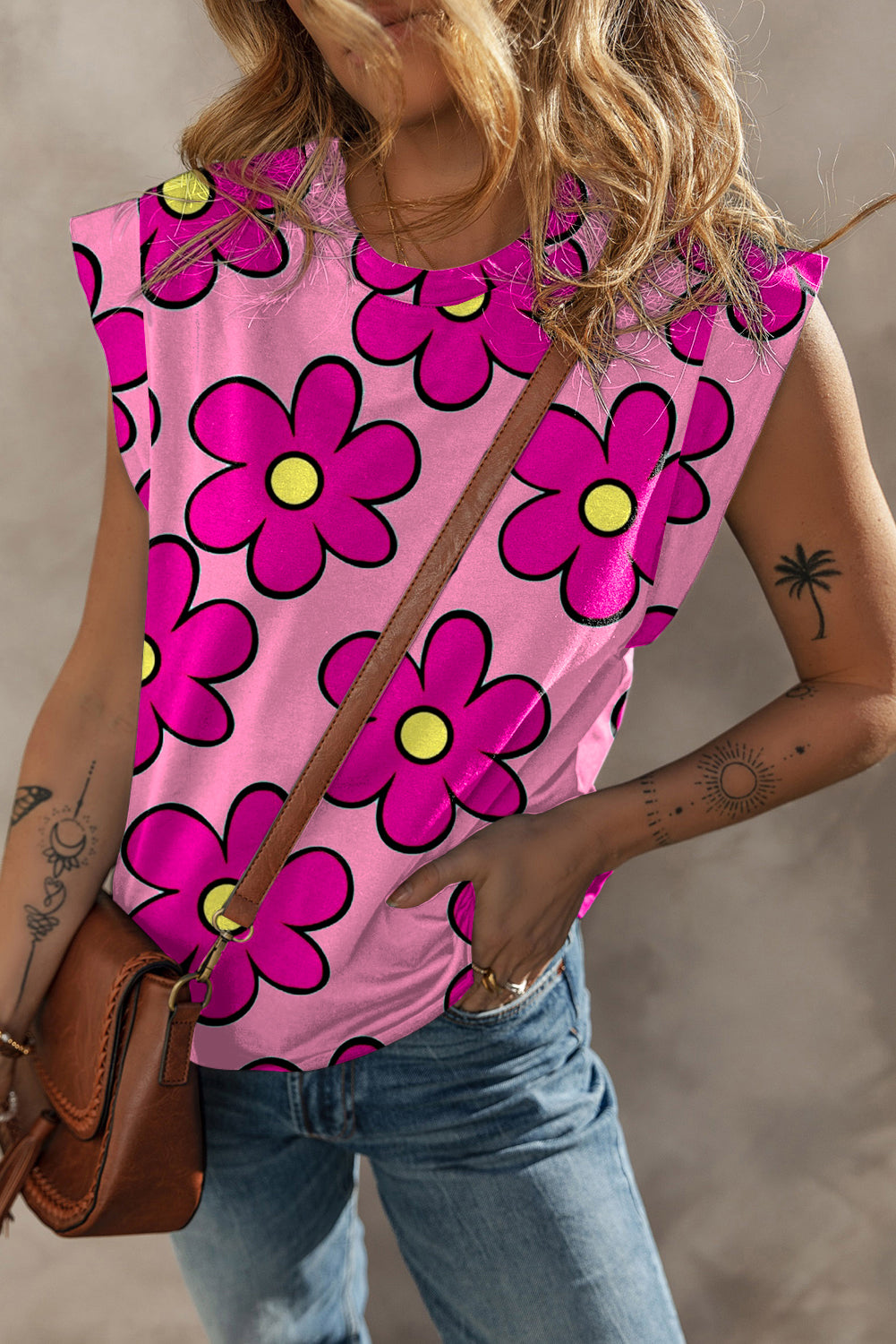 Pink Plant Print Round Neck Cap Sleeve T Shirt Tops & Tees JT's Designer Fashion