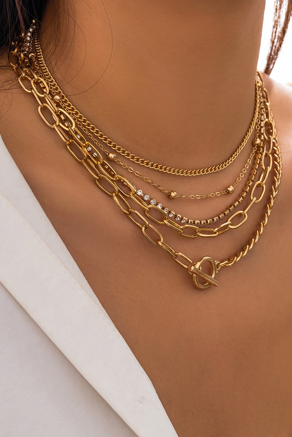 Gold 5pcs Layered Rhinestone Chain Collarbone Necklaces Set Jewelry JT's Designer Fashion