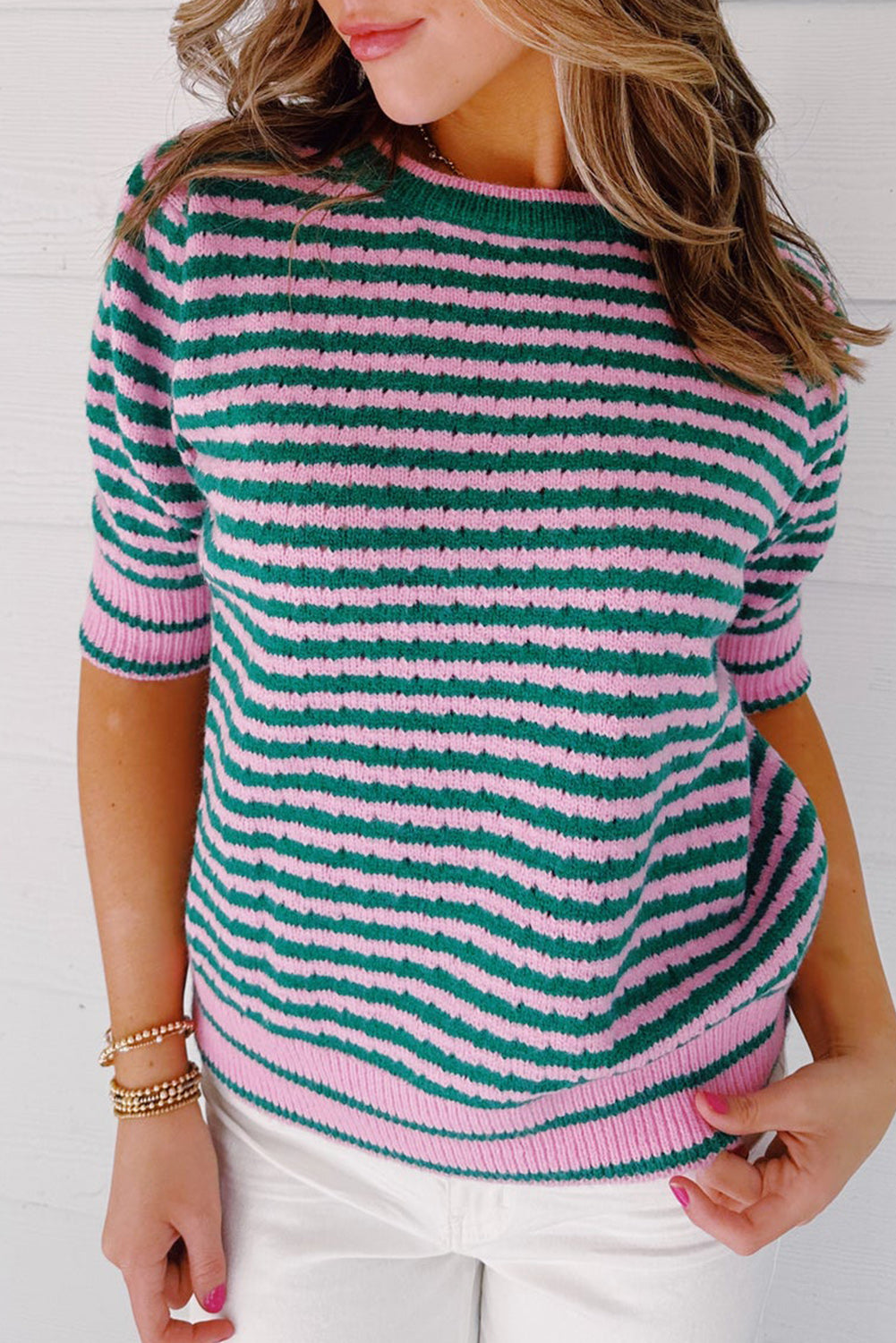 Green Stripe Striped Eyelet Knit Puff Sleeve Sweater Tee Pre Order Sweaters & Cardigans JT's Designer Fashion