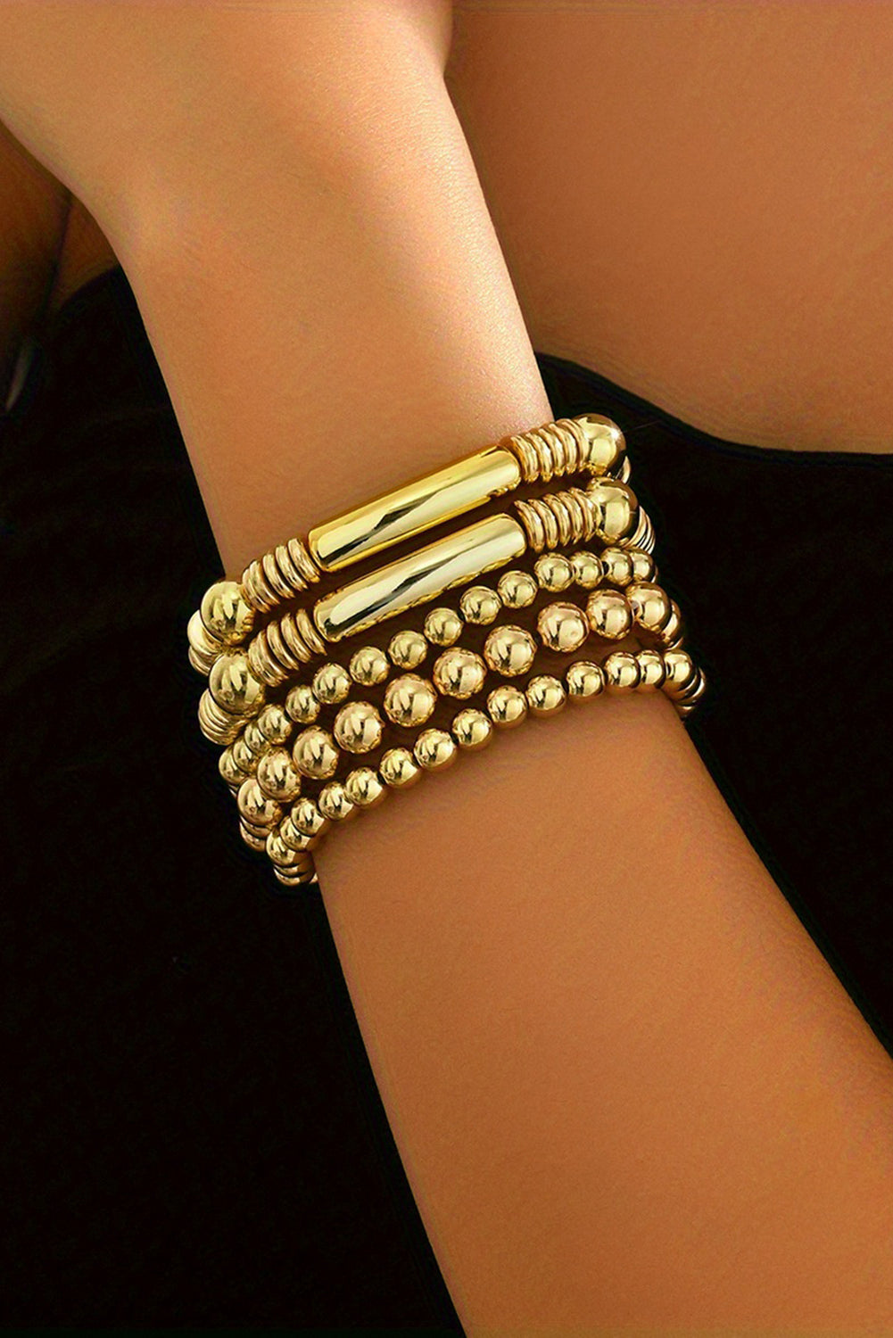 Gold Layered Plated Alloy Beaded Elastic Bracelet Set Jewelry JT's Designer Fashion