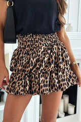 Khaki Leopard Print Puffy Shirred High Waist Mini Dress Bottoms JT's Designer Fashion
