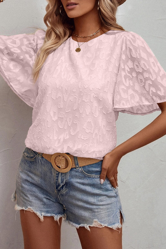 Light Pink Elegant Jacquard Butterfly Sleeve Blouse Tops & Tees JT's Designer Fashion