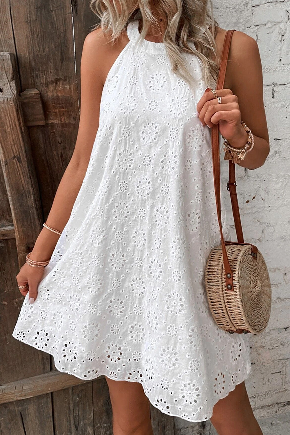 White Boho Eyelet Pattern Halter Neck Sleeveless Dress Mini Dresses JT's Designer Fashion