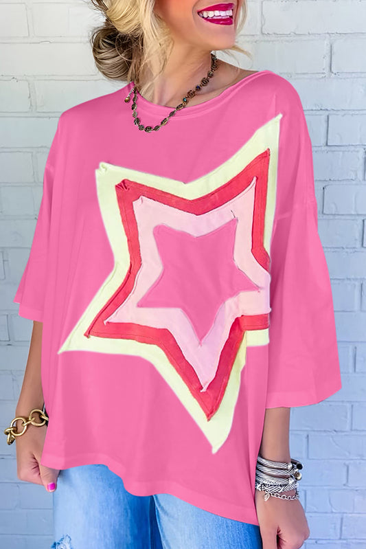 Bonbon Colorblock Star Patched Half Sleeve Oversized Tee Tops & Tees JT's Designer Fashion