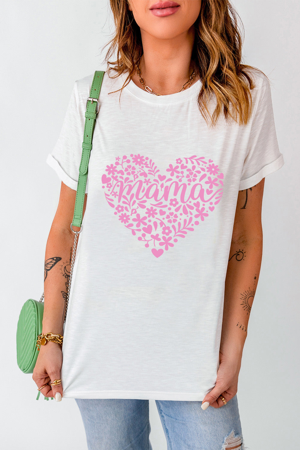 White Floral mama Heart Shape Graphic T Shirt Graphic Tees JT's Designer Fashion