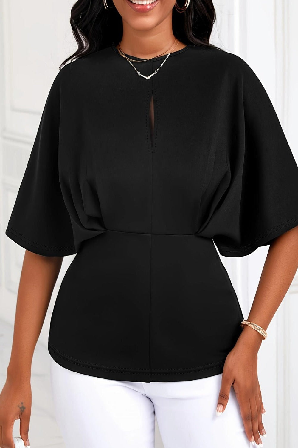 Plus Size Ruched Round Neck Half Sleeve Blouse Black Blouses & Shirts JT's Designer Fashion